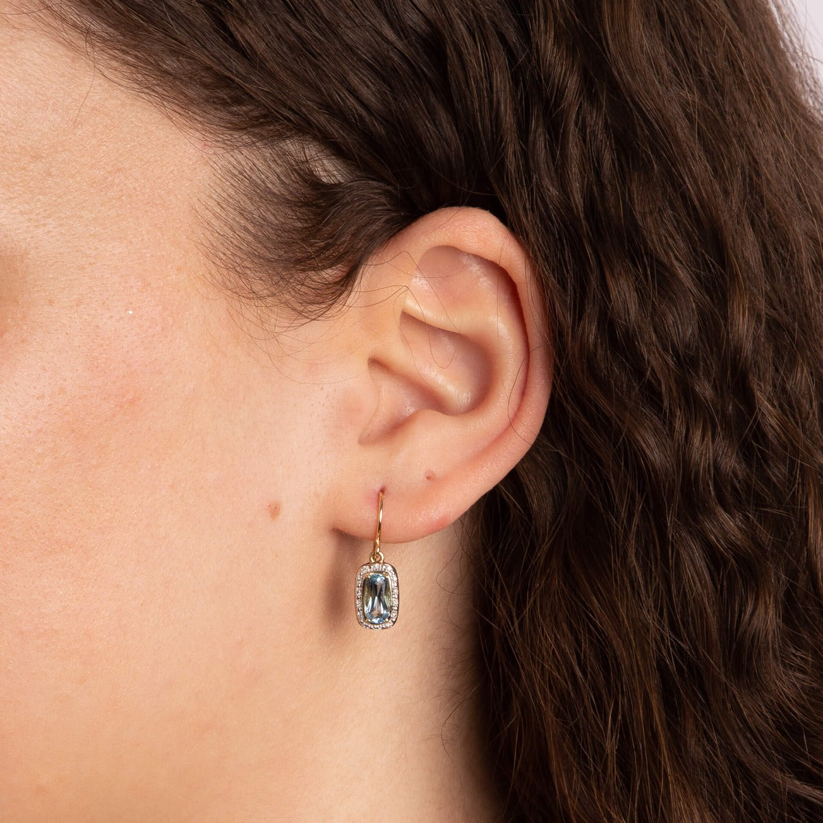 Elongated Blue Topaz and Diamond Surround Drop Earrings