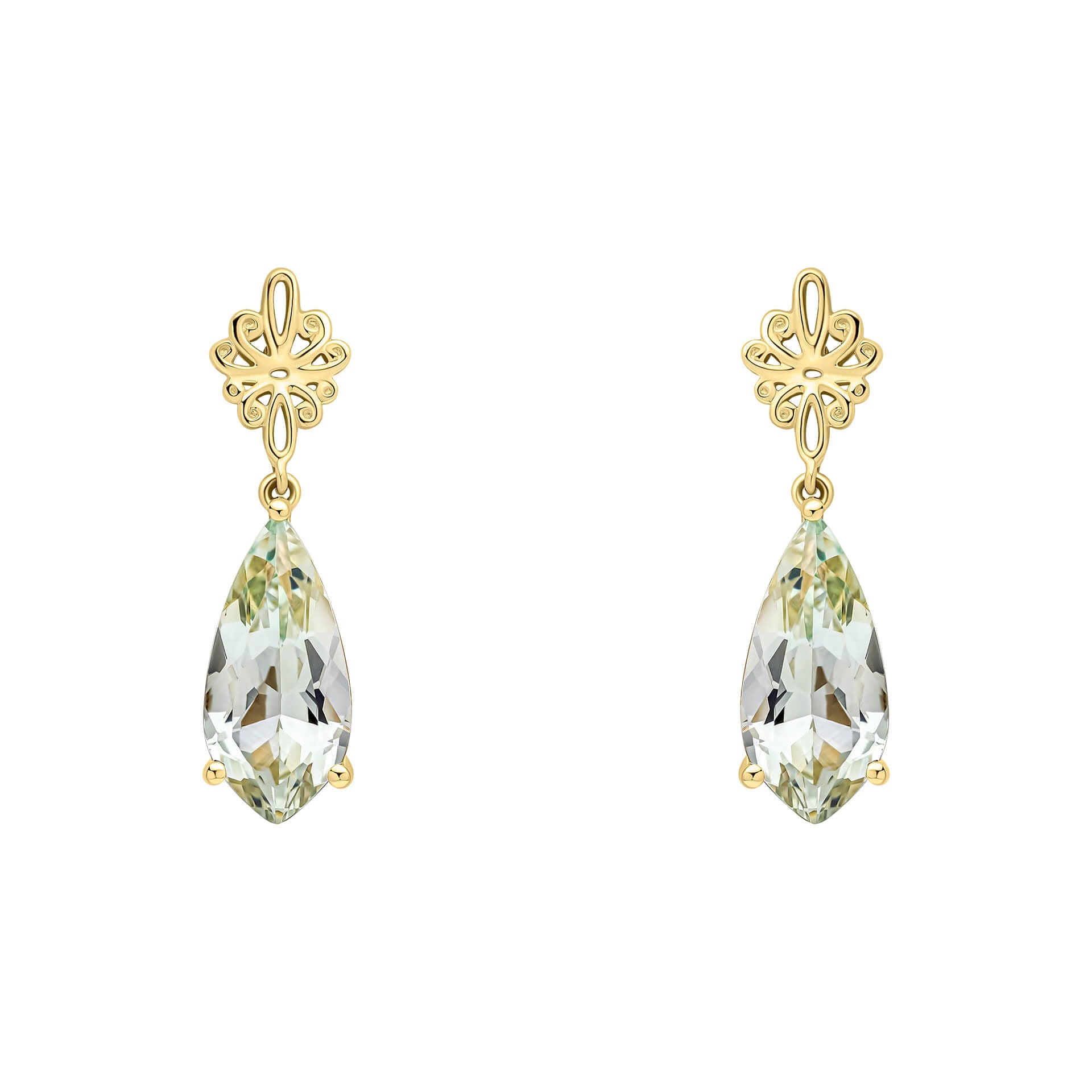 Fancy Cut Green Quartz Drop Earrings with Swirl Detail