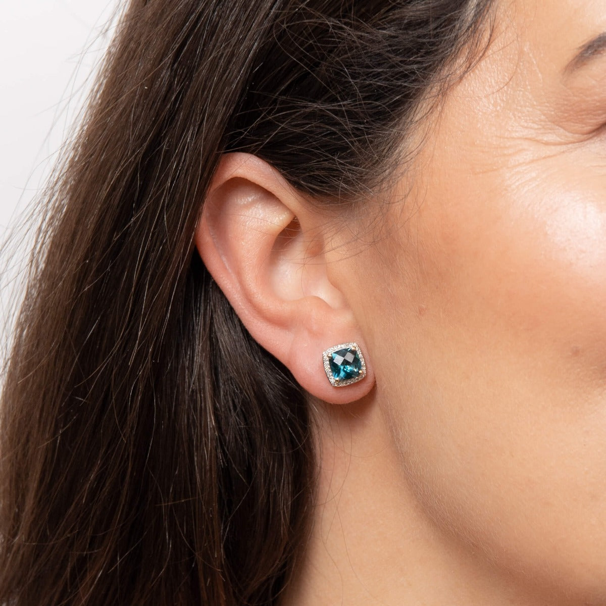 Checkerboard London Blue Topaz Earrings with Diamond