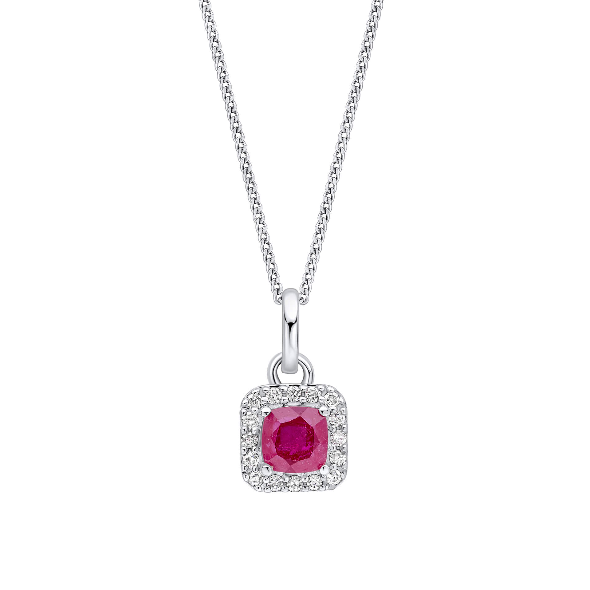 Cushion Cut Ruby with Diamond Halo Pendant