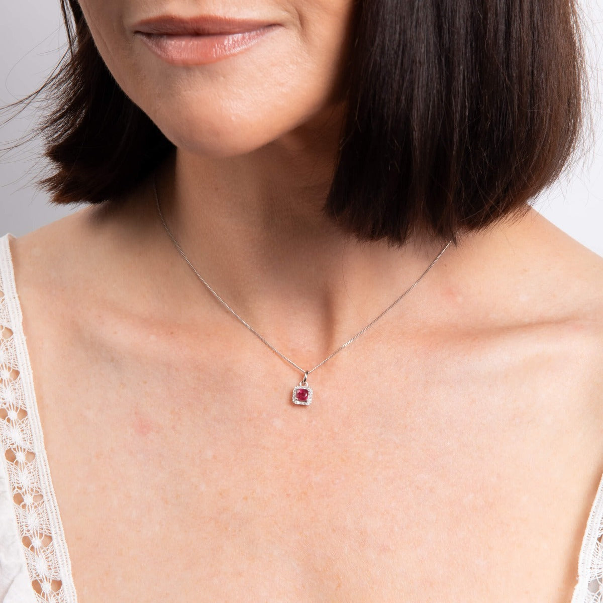 Cushion Cut Ruby with Diamond Halo Pendant