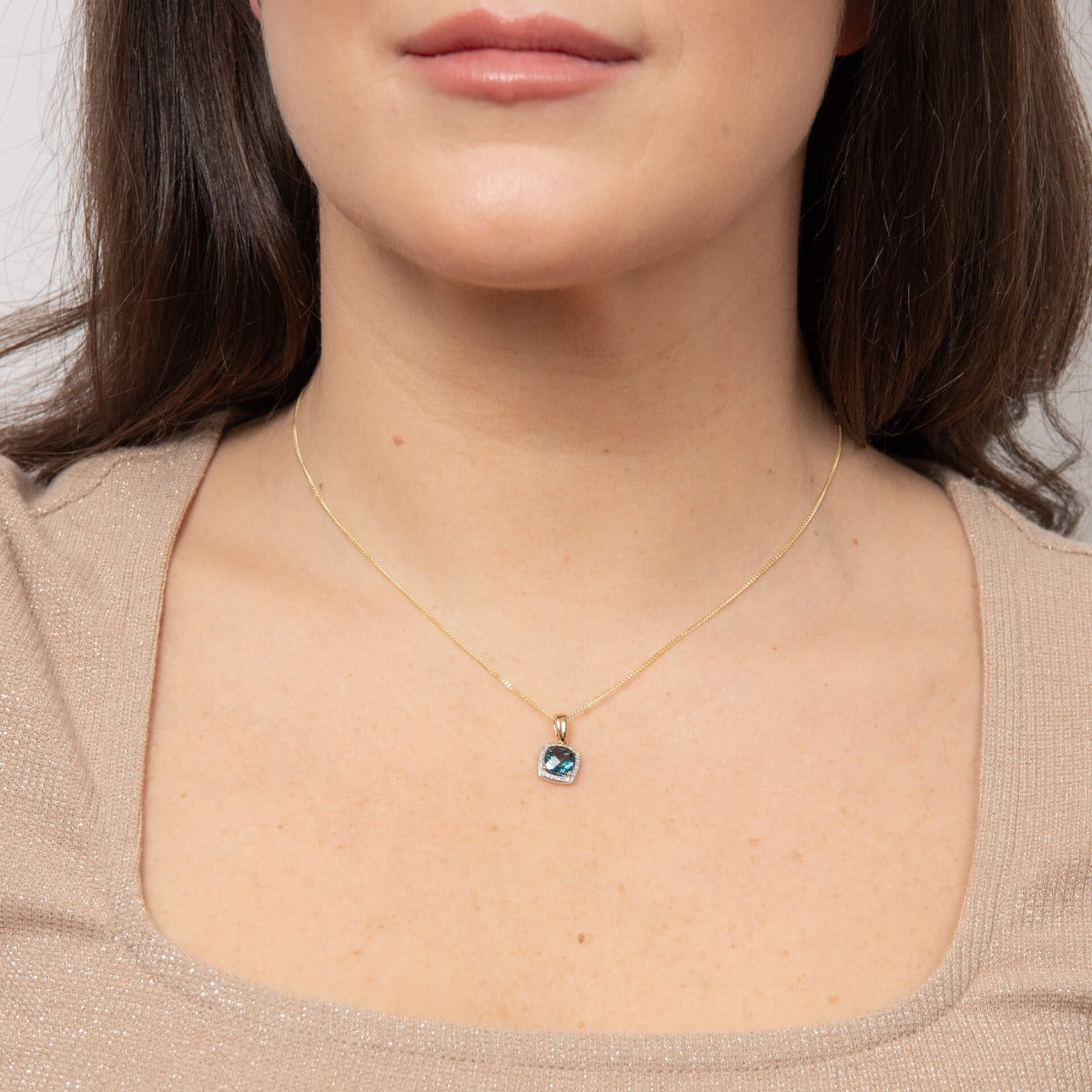 Checkerboard London Blue Topaz Pendant with Diamond