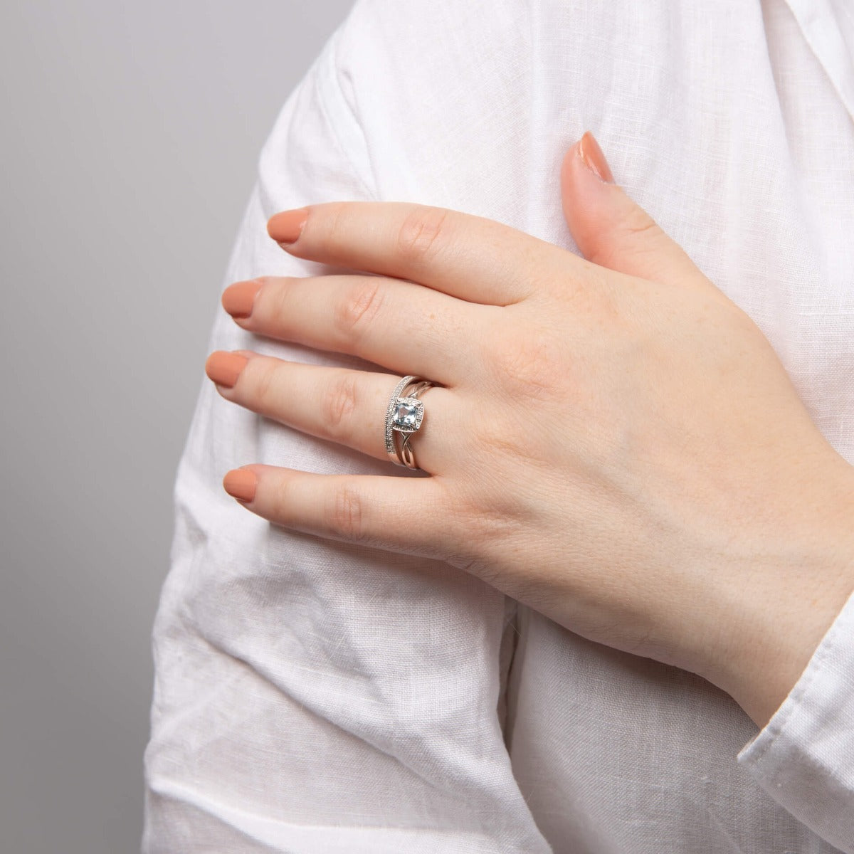 Semi-Precious Shoulder Twist Ring with Diamond Surround