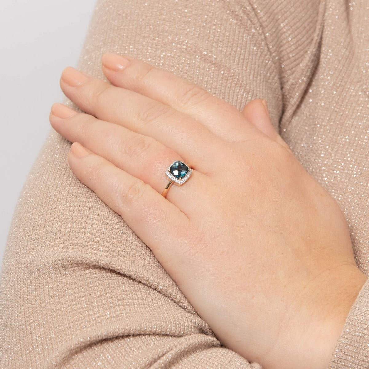 Checkerboard London Blue Topaz Ring with Diamond Surround