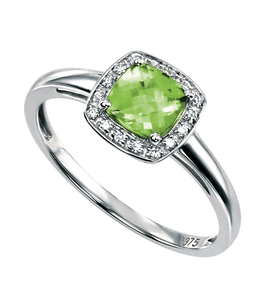 Cushion Cut Peridot Ring with Diamond Surround