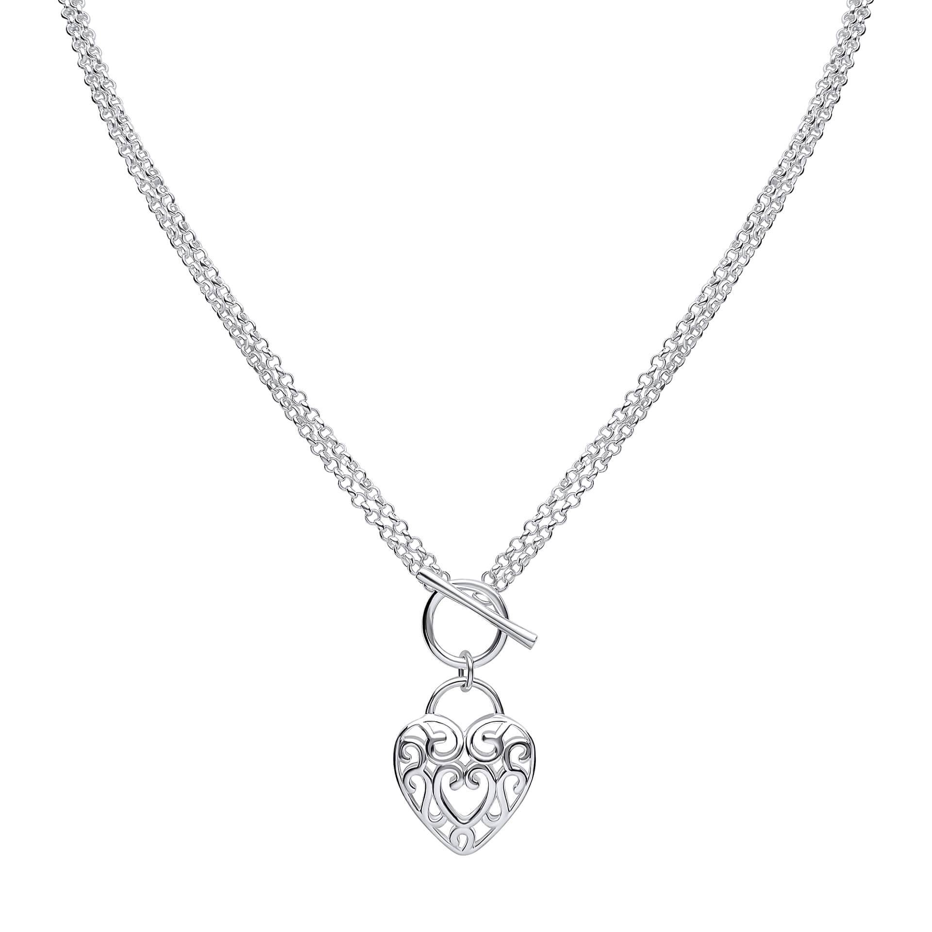 Large Filigree Heart Double Chain T-Bar Necklace