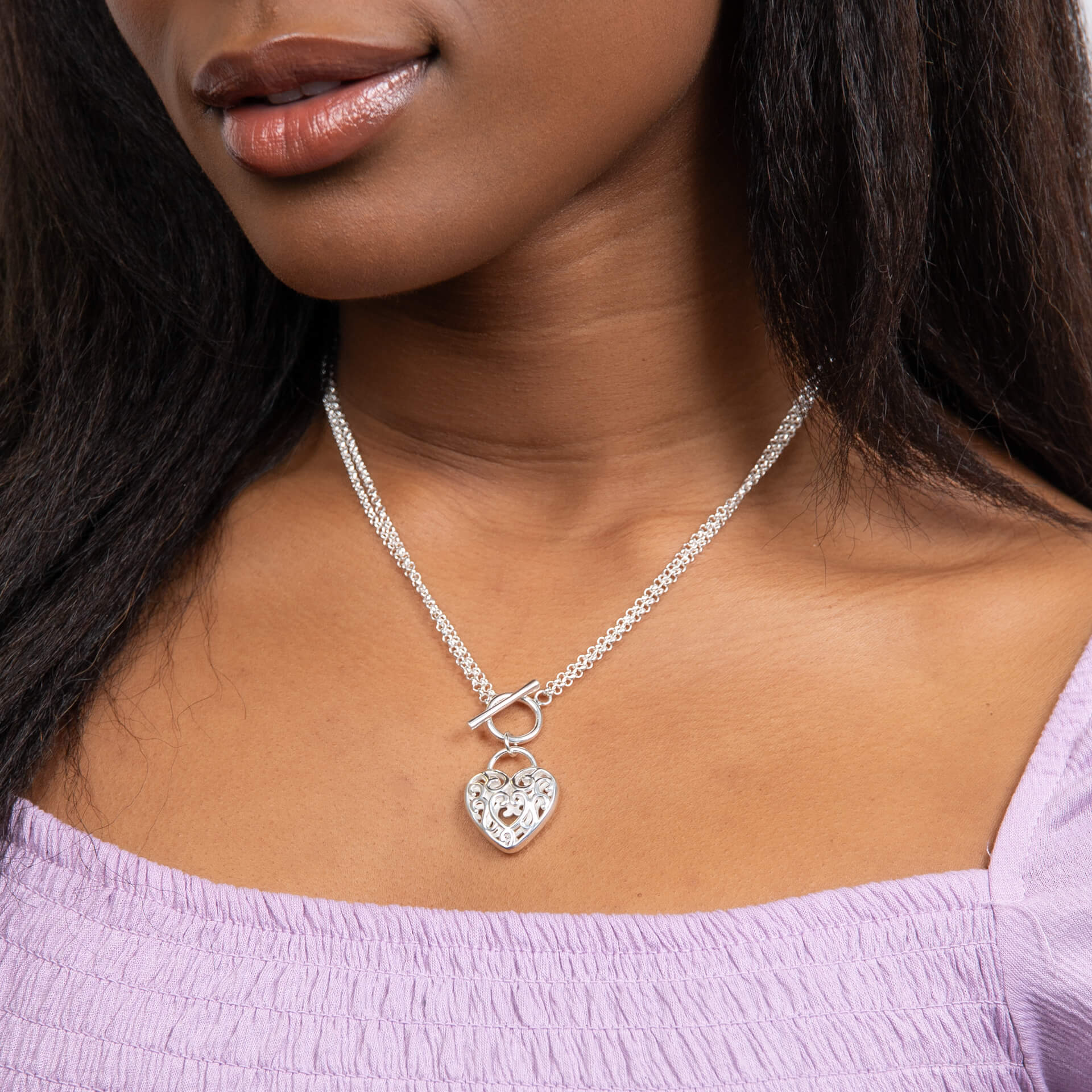 Large Filigree Heart Double Chain T-Bar Necklace