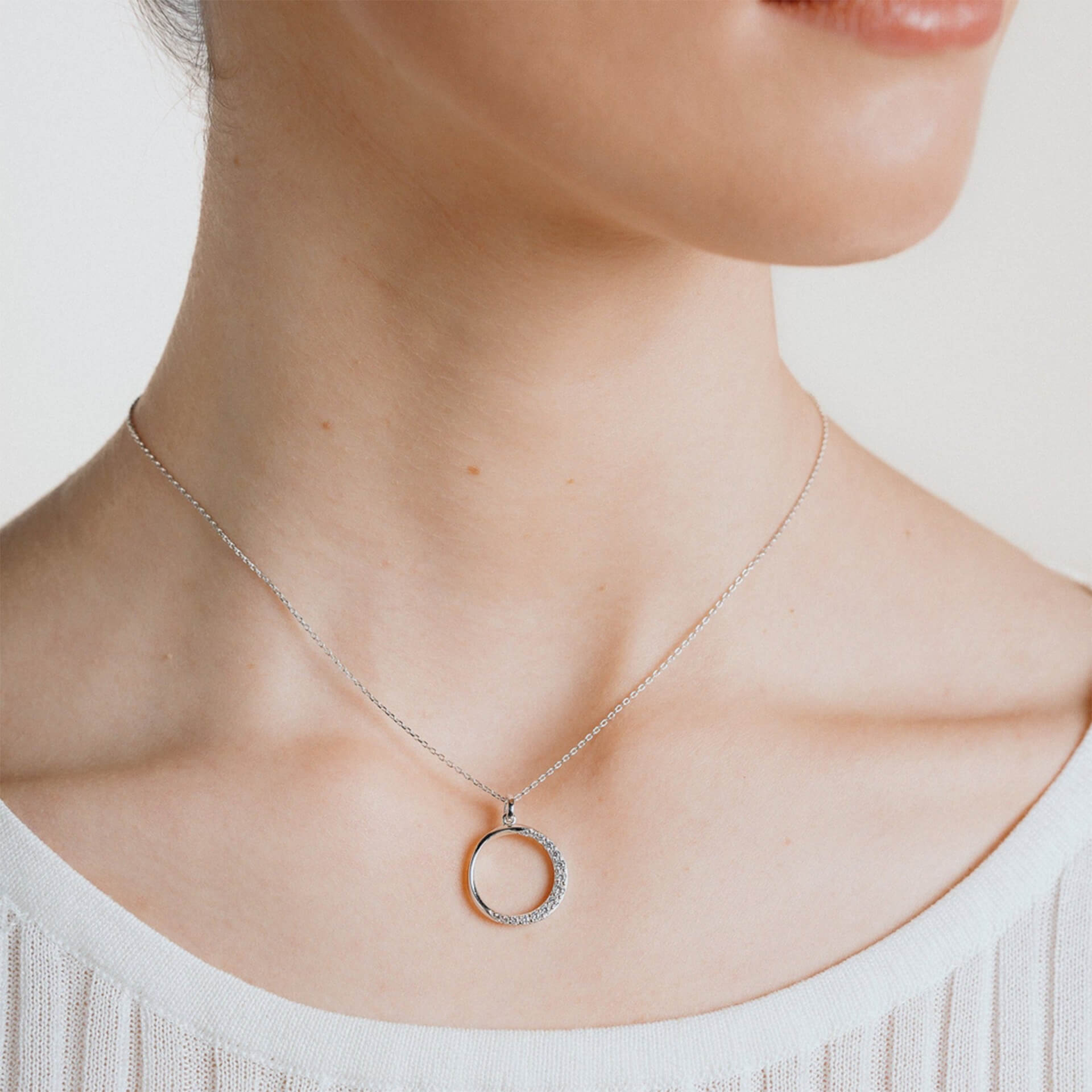 Half Pave Open Circle Necklace