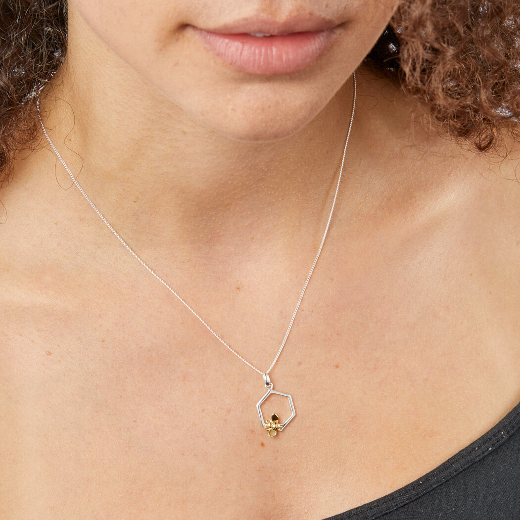 Yellow Gold Plated Bee and Single Honeycomb Pendant