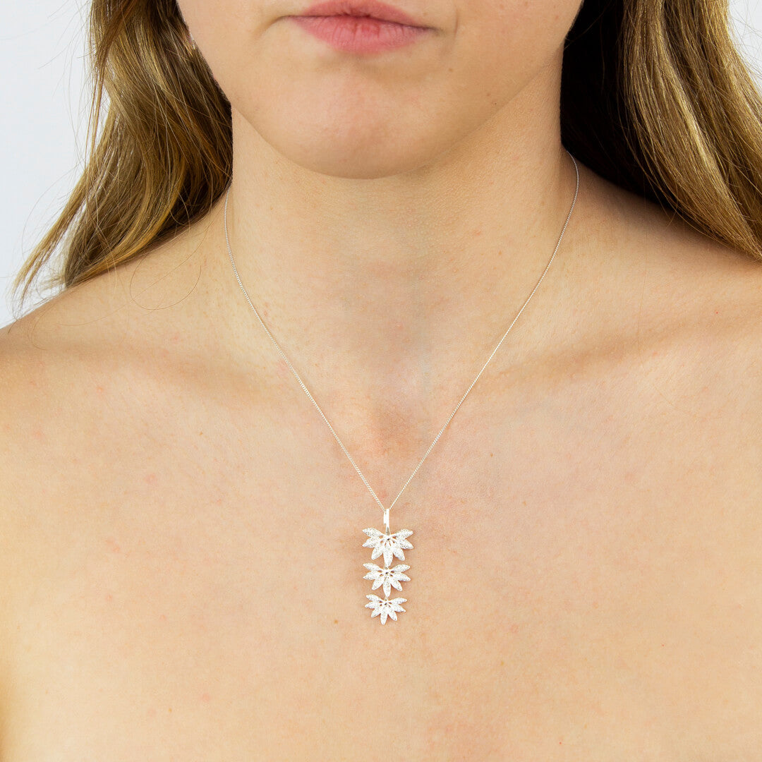 Triple Horsetail Plant Fossil Drop Pendant with Pave Cubic Zirconia