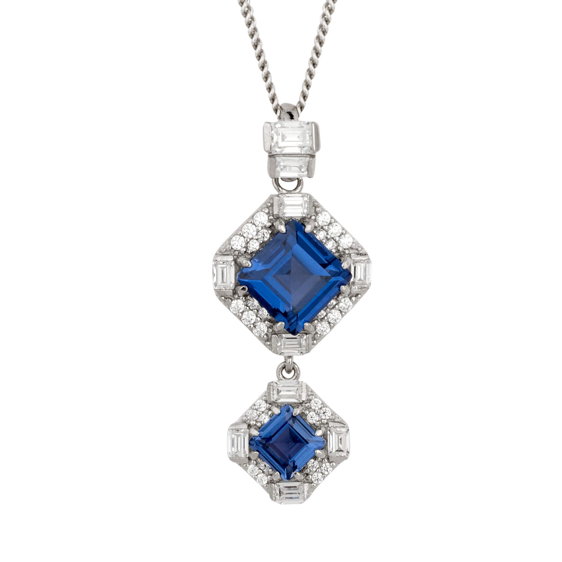 Double Sapphire Blue Crystal and CZ Drop Necklace