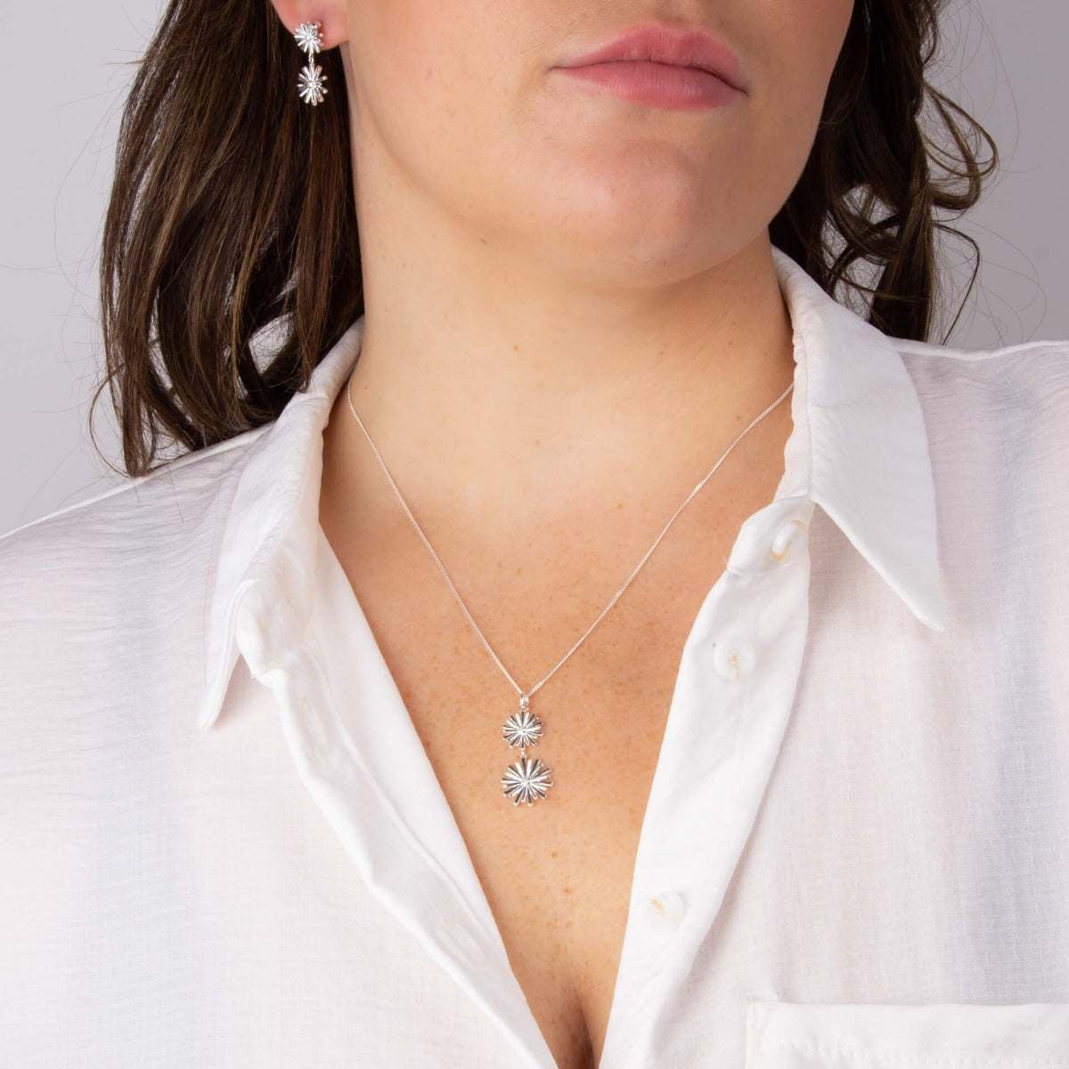 Stylised Double Flower Drop Pendant with Cubic Zirconia