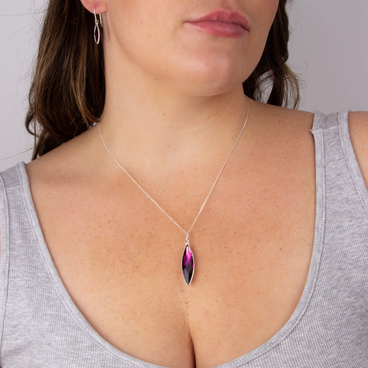 Slim Navette Pendant with Amethyst Crystal