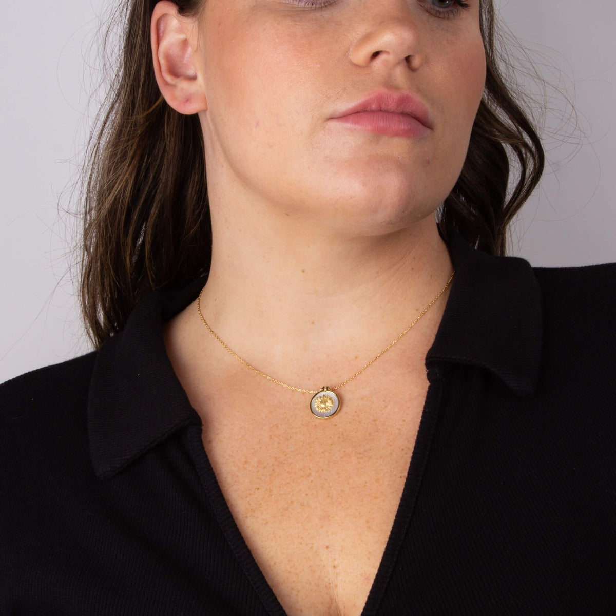 Round Sunflower Pendant with Mother of Pearl Inlay