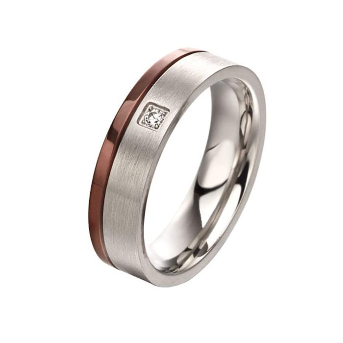 Brushed Steel Ring with IP detail and CZ