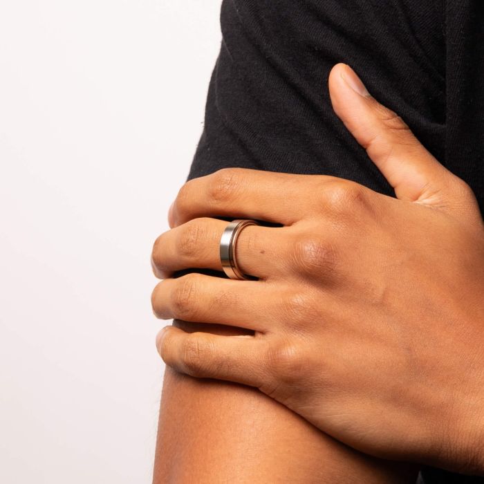 Brushed Steel Ring with IP detail and CZ