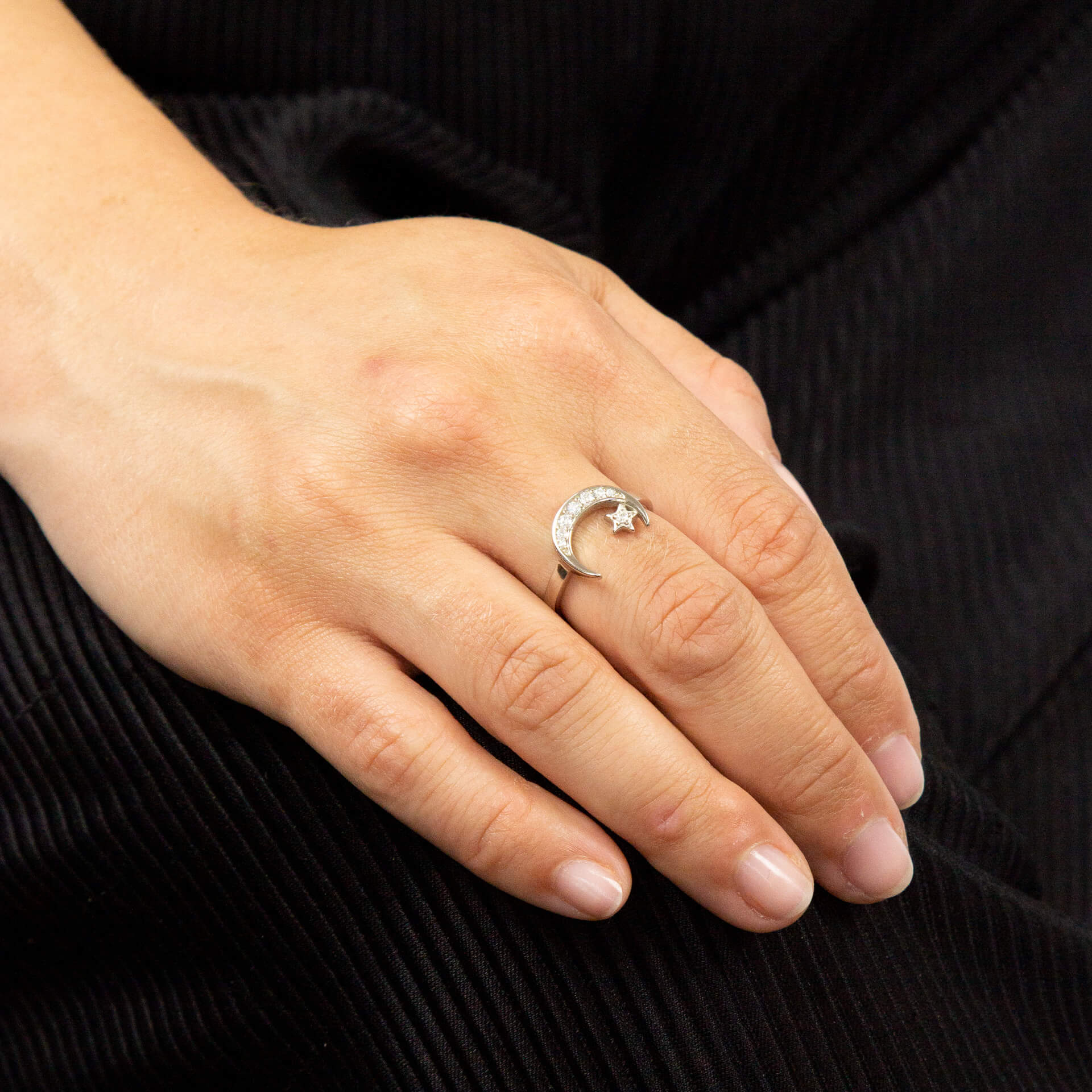 Crescent Moon and Star Ring with CZ
