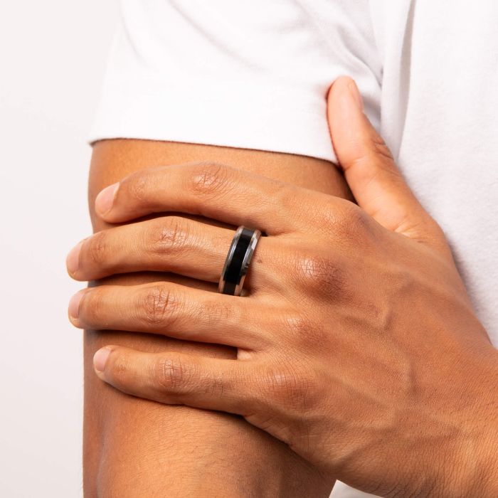 Tungsten Ring with Black Enamel Stripe