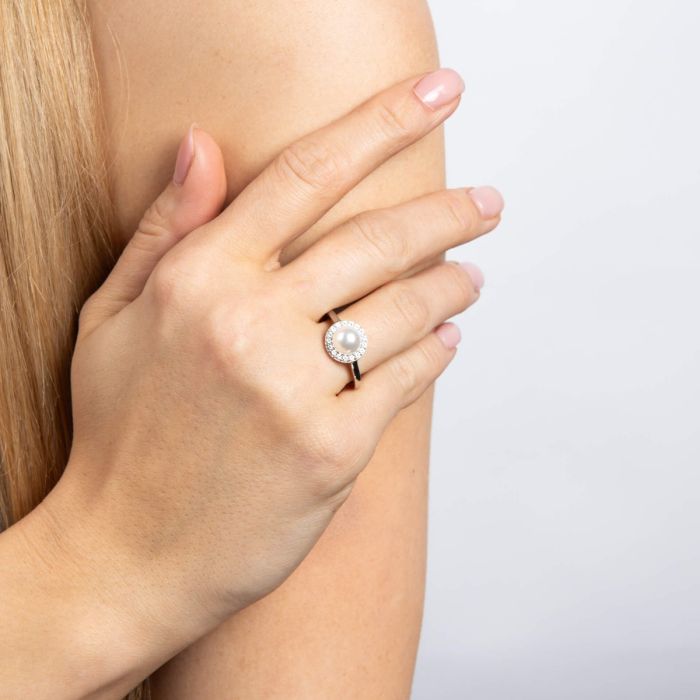 Shell Pearl and Zirconia Halo Ring