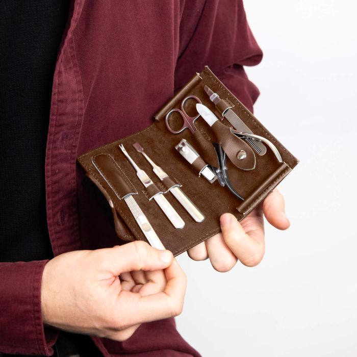 Brown Leather and Stainless Steel Travel Manicure Set